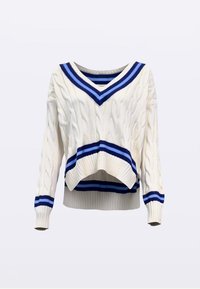 Maglione bianco a coste con dettagli a righe blu e bianche sul collo a V e sull'orlo. Design corto con maniche lunghe. Finitura testurizzata.