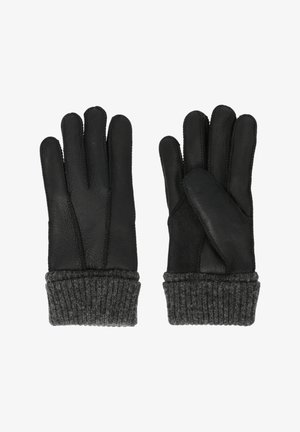 Zwarte leren handschoenen met een getextureerde grijze gebreide boord. De handschoenen hebben een ontwerp met vijf vingers en zichtbare stiksels.
