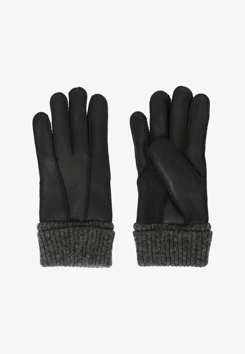 Svarta läderhandskar med en texturerad grå stickad manschett. Handskarna har en femfingerdesign och synliga sömmar.