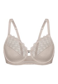 Vaahto beige, jossa on pitsikoristelu ja teksturoitu kangas. Varustettu säädettävillä hihnoilla, tuki alapuolella ja pienellä sydämen muotoisella yksityiskohdalla.