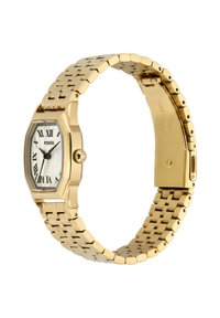 Goldfarbene achteckige Armbanduhr mit silbernem strukturiertem Zifferblatt, römischen Ziffern und einem Edelstahlarmband mit Klappverschluss.