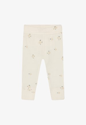 Leggings couleur crème en tissu doux, ornés de petits motifs de poissons en marron clair et bleu. Taille élastique et ourlets à revers.