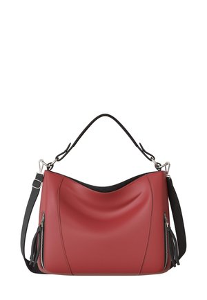 Red leather hobo bag with a smooth texture, curved design, and black strap. Features zippered side pockets with tassel accents.