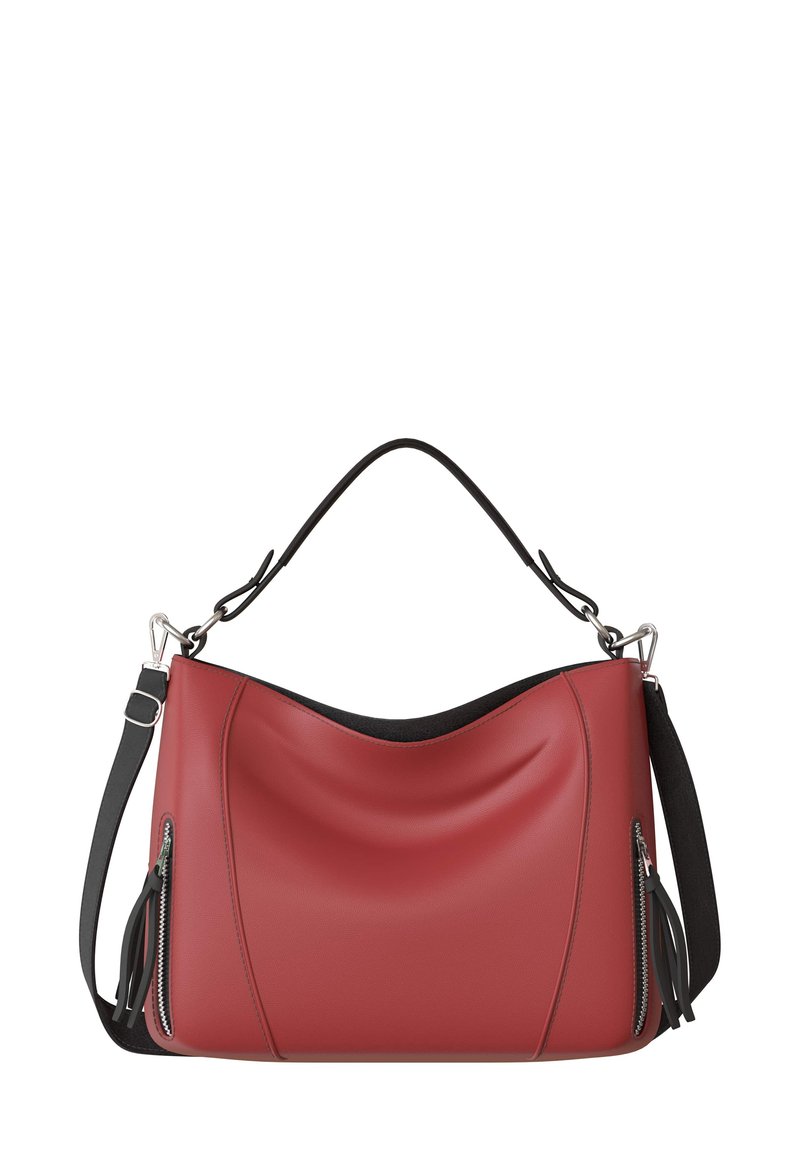 Rote Leder-Hobo-Tasche mit glatter Textur, geschwungenem Design und schwarzem Tragegurt. Verfügt über seitliche Reißverschlusstaschen mit Quastenakzenten.