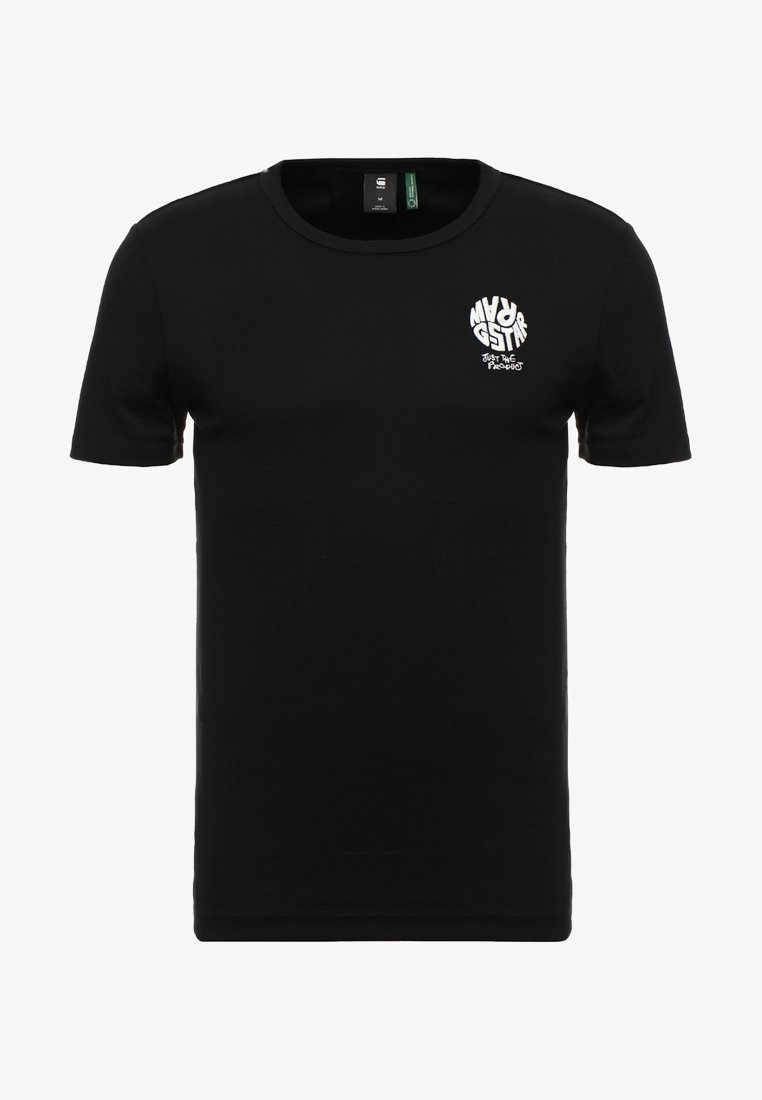 Černé bavlněné tričko s kulatým výstřihem, krátkými rukávy a bílým grafickým potiskem na levé straně. Hladký materiál, casual design.