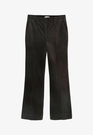 Brūnas kordurojas bikses ar taisnu kāju griezumu, kas aprīkotas ar sānu kabatām un vertikālām šuvēm, piešķirot papildus tekstūru un detaļas.