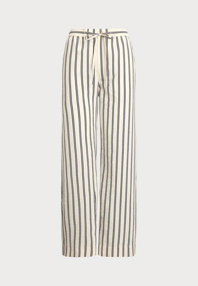 Pantalons larges en tissu crème avec des rayures verticales marine. Dotés d'une taille élastique avec cordon de serrage, offrant une coupe décontractée et une texture.