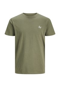 Olivenfarbener Baumwoll-T-Shirt mit Rundhalsausschnitt und kurzen Ärmeln, mit einem kleinen weißen Logo auf der linken Brust. Glatte Textur.
