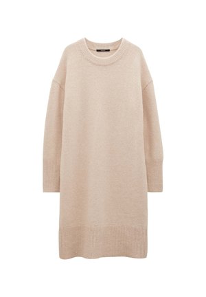 Beige oversized trui jurk in een zachte textuur, met een ronde halslijn, geribbelde manchetten en een geribbelde zoom.