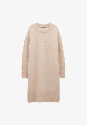 Beige oversized trui jurk in een zachte textuur, met een ronde halslijn, geribbelde manchetten en een geribbelde zoom.