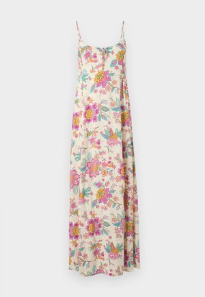 Robe longue sans manches avec fines bretelles, fond crème et motif floral éclatant en tons rose, orange, jaune et vert.