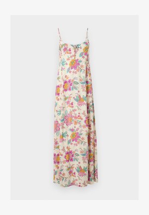 Robe longue sans manches avec fines bretelles, fond crème et motif floral éclatant en tons rose, orange, jaune et vert.