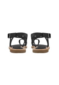 Sandalo nero con cinturini sintetici, suola in gomma piatta e fibbia regolabile. Presenta un design aperto e una superficie liscia sulla soletta.