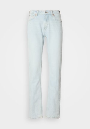 Light blue denim jeans with a straight leg design. Features include a button closure, five-pocket styling, and slightly faded texture.