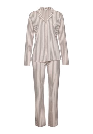 Raidalliset yöpuku vaaleanpunaisena ja sinisenä, jossa on napitettava paita taskulla ja yhteensopivat pitkät housut, valmistettu pehmeästä kankaasta.