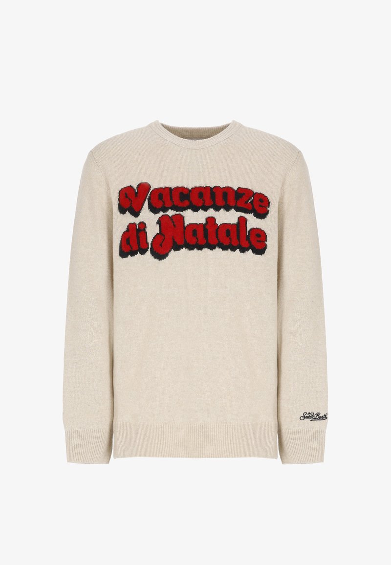 Cremefarvet sweater med rødt strikket tekst "Vacanze di Natale." Har rund hals, ribstrikkede ærmegab og logo broderet på ærmet.