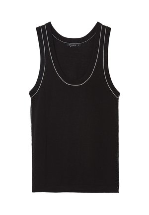 Top senza maniche nero con scollatura a forma di barca e cuciture bianche a contrasto lungo i bordi e i lati. Realizzato in un tessuto liscio.