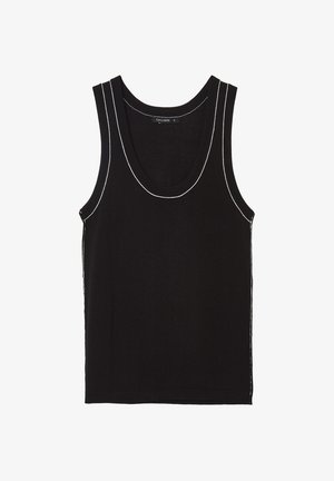 Top senza maniche nero con scollatura a forma di barca e cuciture bianche a contrasto lungo i bordi e i lati. Realizzato in un tessuto liscio.