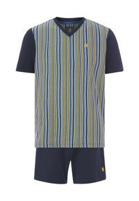 Short-sleeve set featuring a blue, yellow, and white striped shirt with a navy solid collar, paired with navy shorts, made of cotton blend.