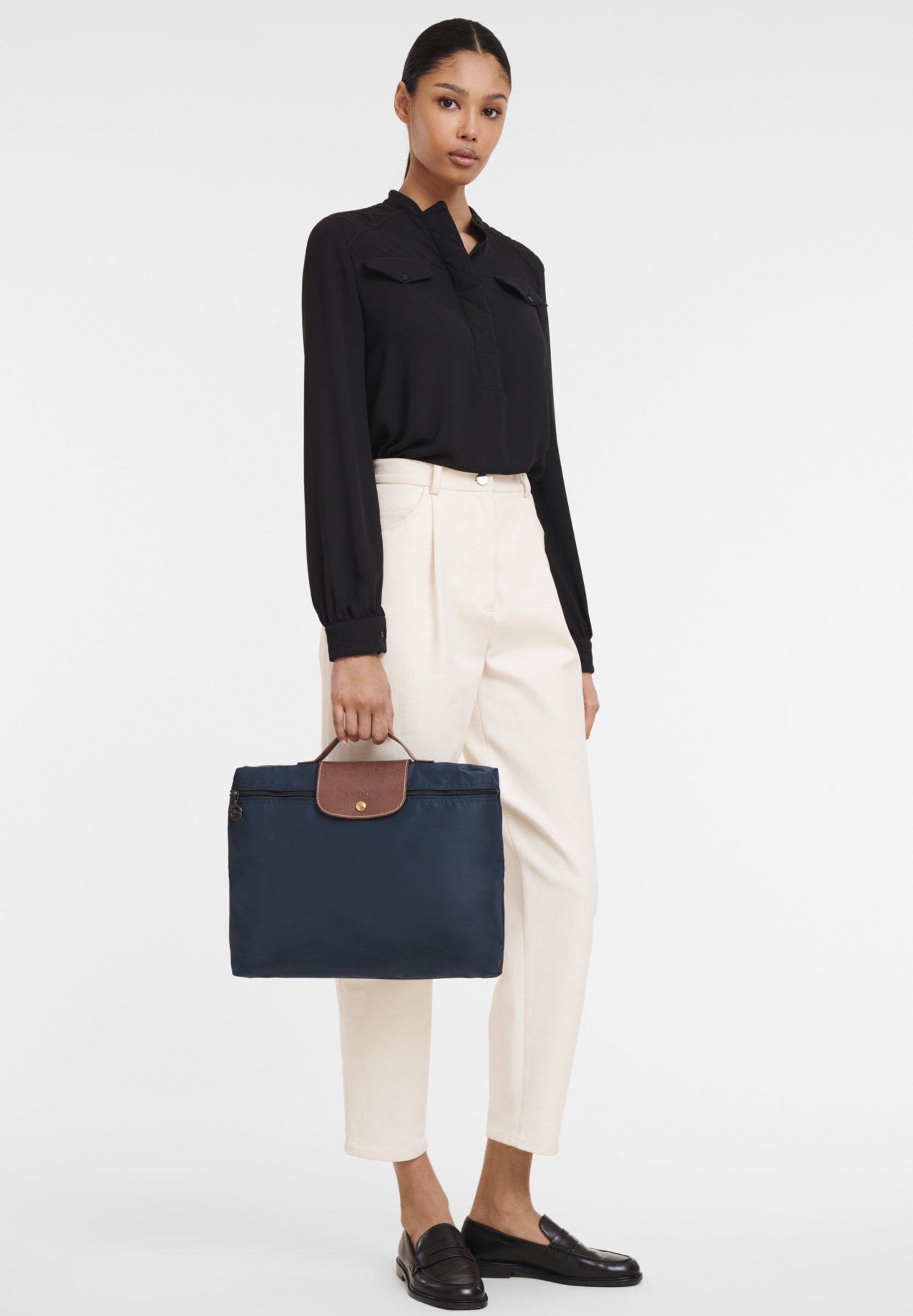 Longchamp France Designer Navy Blue Top Handle Briefcase messenger 