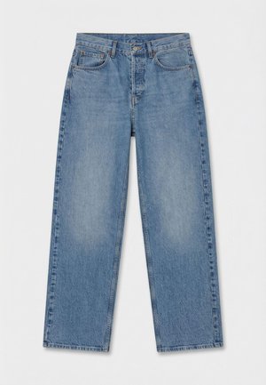 Light blue straight-leg denim jeans with front button and zipper closure, belt loops, and five-pocket design.