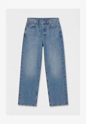 Ανοιχτού μπλε τζιν παντελόνι ίσιας γραμμής με κουμπί μπροστά και φερμουάρ, θηλιές για ζώνη και σχεδιασμό με πέντε τσέπες.