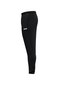 Zwarte sportieve broek met een tapered fit, een elastische tailleband en zijzakken. Bevat een wit "JAKO" logo op de bovenbenen.