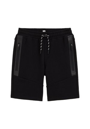 Schwarze Sportshorts mit elastischem Bund, weißem und schwarzem Kordelzug sowie seitlichen Reißverschlusstaschen mit glänzendem Besatz.
