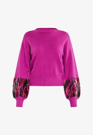 Fuchsia trui met een ronde hals en oversized mouwen, voorzien van meerkleurige paillettenaccenten in een golfpatroon op de manchetten.