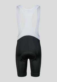 Shorts de cyclisme noirs avec un dos en mesh blanc. Comprend un rembourrage au niveau du siège et un fit ajusté, fabriqués en tissu extensible et évacuant l'humidité.