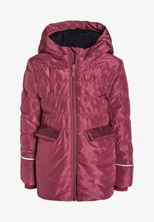 Bordowa kurtka puchowa z kapturem, zamkiem z przodu, teksturowanymi wstawkami, elastycznym pasem i odblaskowym detalem na rękawach. Gładkie, błyszczące wykończenie.