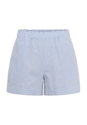 Pantaloni scurți din bumbac albastru deschis, cu talie elastică și croială lejeră și confortabilă, afișați pe un fundal alb.