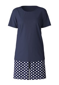 Navyblauwe kortärmige shirt met een ronde hals, gecombineerd met navyblauwe shorts met witte stippen en een relaxte pasvorm.