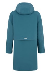 Tyrkysová nepremokavá bunda s kapucňou, s vrstvovým dizajnom na zadnej strane, dlhými rukávmi a diskrétnym logom blízko lemu. Hladká textúra.