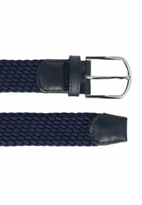Marinblå flätad bälte med läderände och spänne av silvermetall, med en texturerad vävd tyg och släta detaljer.