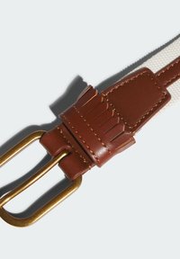 Brunt läderbälte med spänne i guldton, med en texturerad, bandliknande detalj och beige flätad kropp. Sydde detaljer längs kanterna.