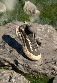 Athletic shoe features a brown and beige mesh upper, textured surface, and rubber sole with rugged tread. Accents include a khaki patch and logo.