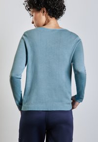 Türkiser Strickpullover mit langen Ärmeln und gerippten Bündchen. Glatte Textur mit geradem Schnitt und Rundhalsausschnitt. Rückansicht, minimalistisches Design.