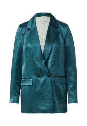 Teal crinkled satin double-breasted blazer with notch lapels, two black buttons, and front flap pockets, unbuttoned to show cream lining.