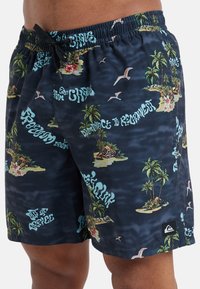 Navy swim shorts featuring a tropical print with palm trees and islands, accented by light blue text. Made of lightweight, quick-drying material.