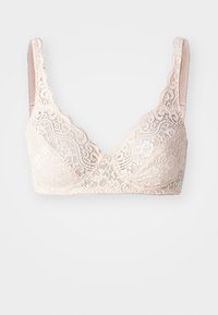 Kant bralette in lichtroze, met geschulpte randen, een zacht stoffen ontwerp en een driehoekvorm. Verstelbare bandjes zonder padding.