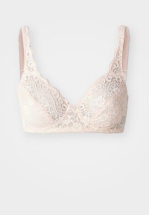 Bralette en dentelle rose clair, avec des bords en scallop, une conception en tissu doux et une forme triangulaire. Bretelles réglables sans rembourrage.