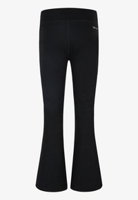 Black flared leggings with a smooth texture, elastic waistband, and contrasting stitching. Features a small logo on the back.