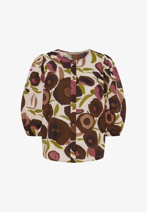 Blomstret bluse med korte pufærmer, knaplukning foran og en cremefarvet baggrund med brune, lyserøde og grønne abstrakte blomster mønstre.