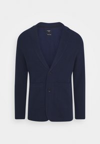 Navy blue men's cardigan with long sleeves, two front pockets, a notch lapel collar, and two black buttons on a plain background.
