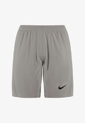 Gray athletic shorts made of lightweight fabric, featuring an elastic waistband and a black Nike logo on the lower left side.