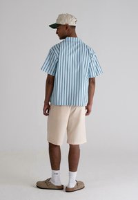 Striped short-sleeve shirt in light blue and white, beige shorts, and brown clogs. Cap with green brim and thin vertical stripes.