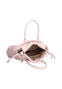 Borsa a tracolla in pelle rosa con una texture trapuntata, due manici e una chiusura a coulisse. Gli interni presentano diversi scomparti e una stampa del logo.