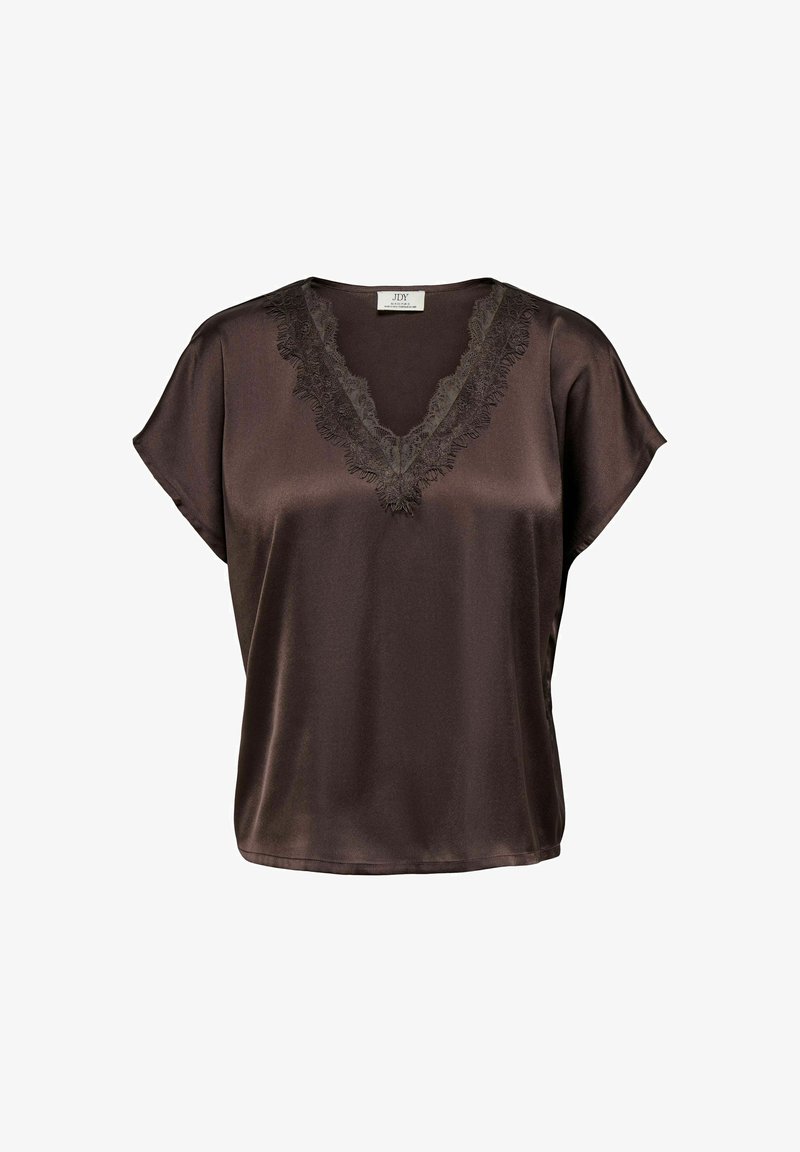Blouse en satin marron foncé à manches courtes avec un col en V, ornée d'une délicate bordure en dentelle et d'une coupe décontractée.