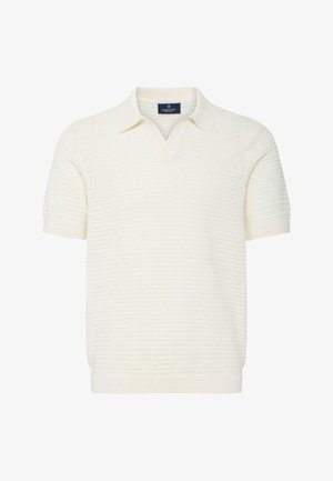 Trumpomis rankovėmis balta megzta polo marškinėliai su tekstūruotomis horizontaliomis juostelėmis ir V formos apykakle.